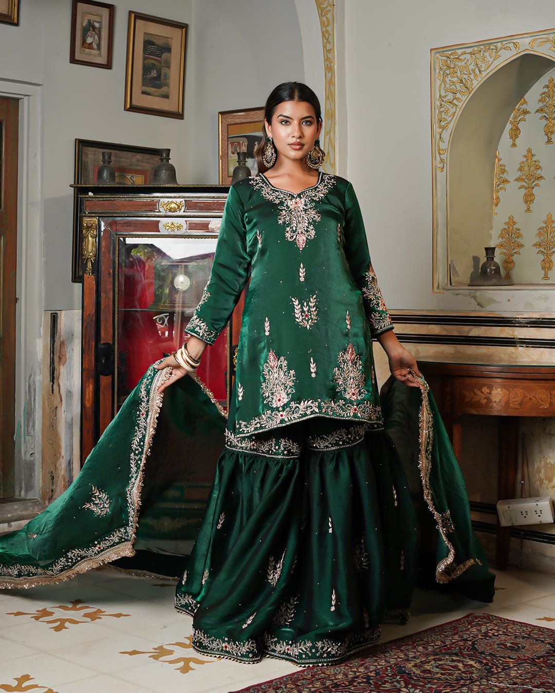 Silver anarkali suit on white background