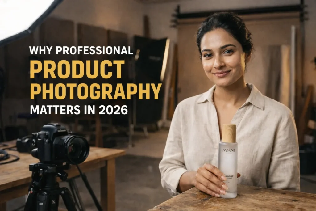 Professional product photography studio setup with female model holding cosmetic product, camera and lighting equipment, showcasing high-quality ecommerce photography concept in 2026