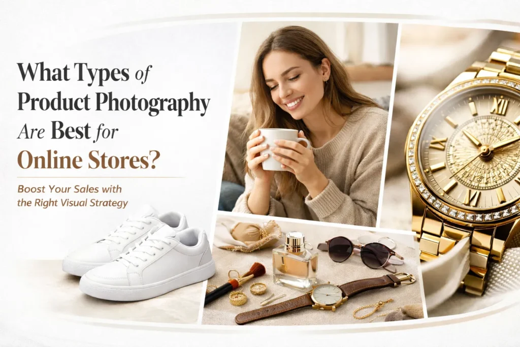 Different types of product photography for online stores including white background, lifestyle, flat lay and macro photography with natural lighting