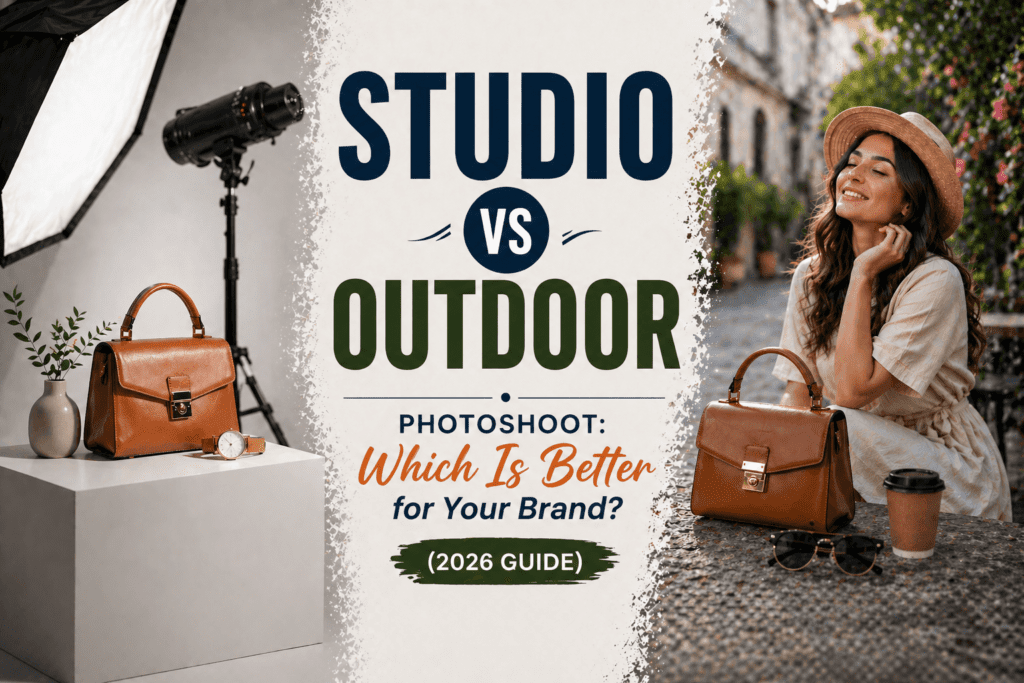 Studio vs outdoor photoshoot banner with indoor studio setup and outdoor model shoot comparison.